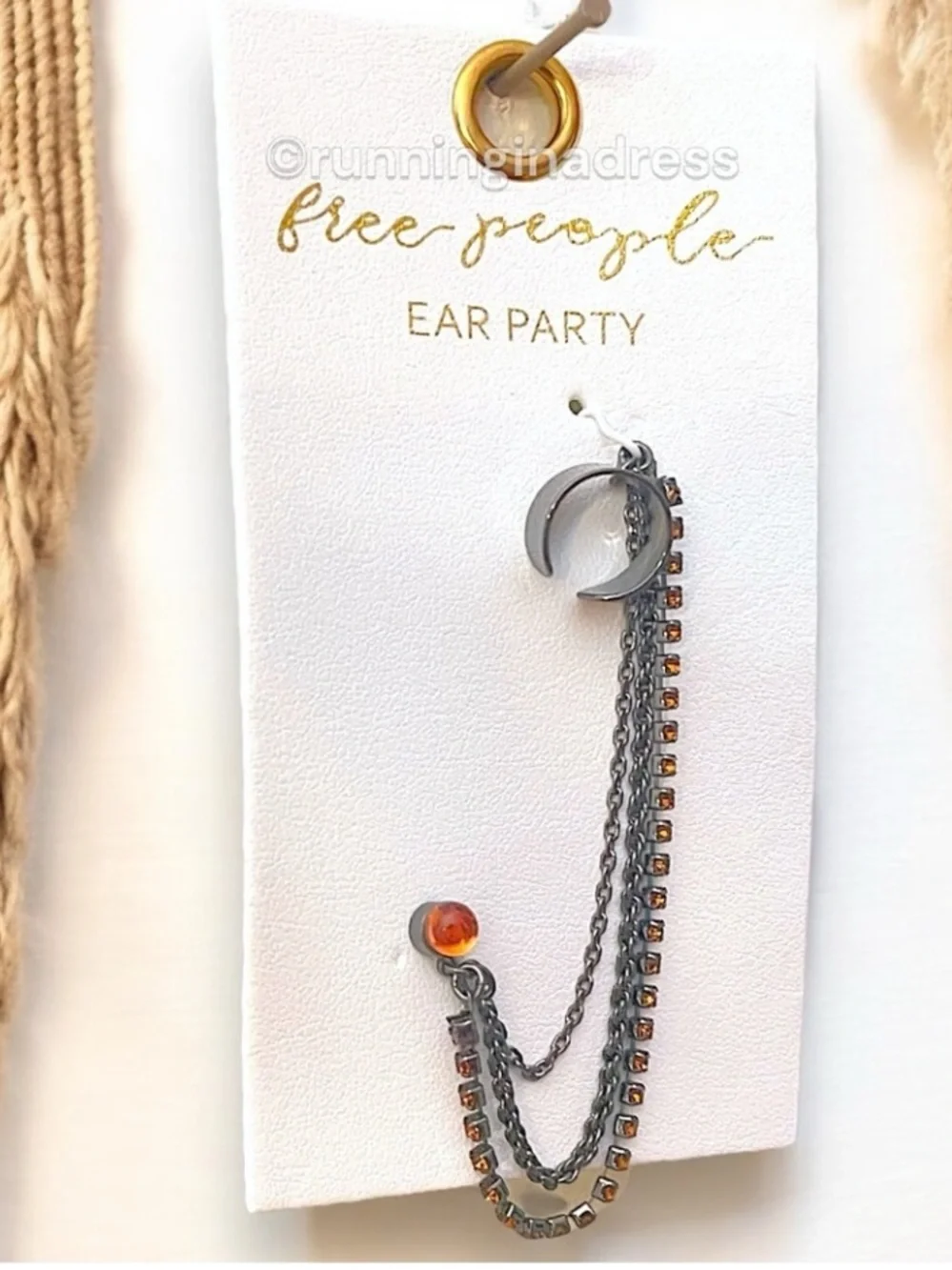 Free People Ear Party Chain Cuff Earring NWT Gunmetal Amber Orange Rhinestone